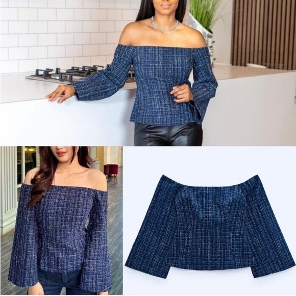 Zara Blue Tweed Textured Off the Shoulder Top - Picture 8 of 9